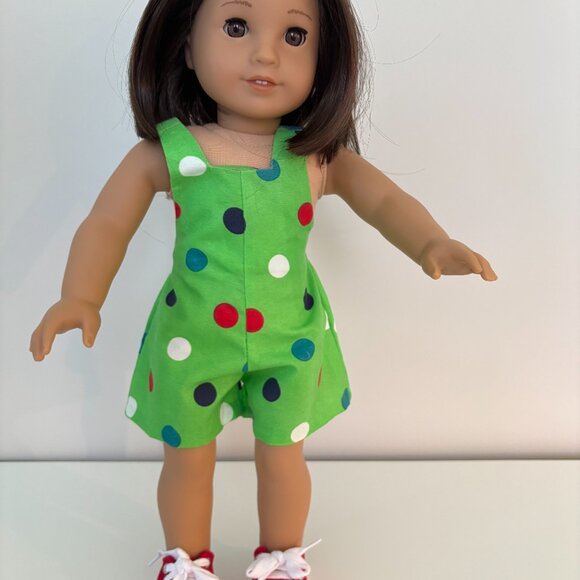 Green Polka Dot Romper for 18" Dolls with Red Shoes - Picture 2 of 6